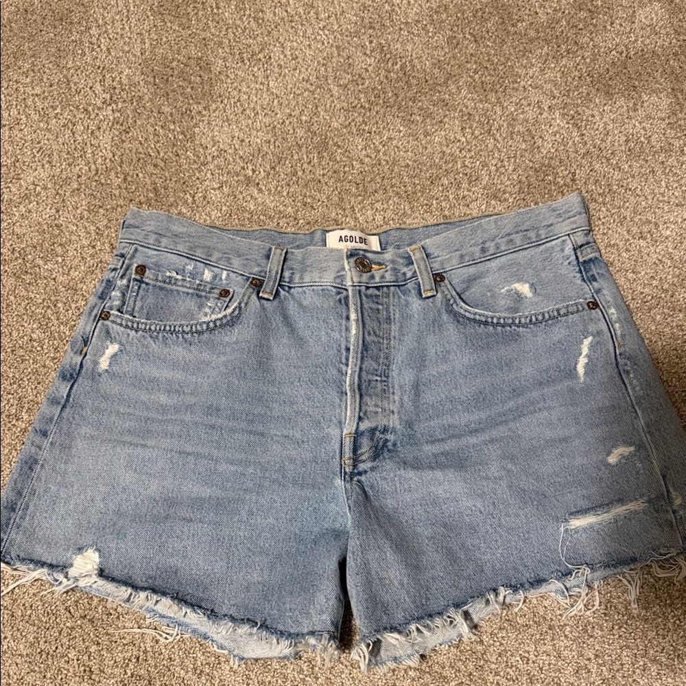 Agolde Light Wash Distressed Denim Shorts